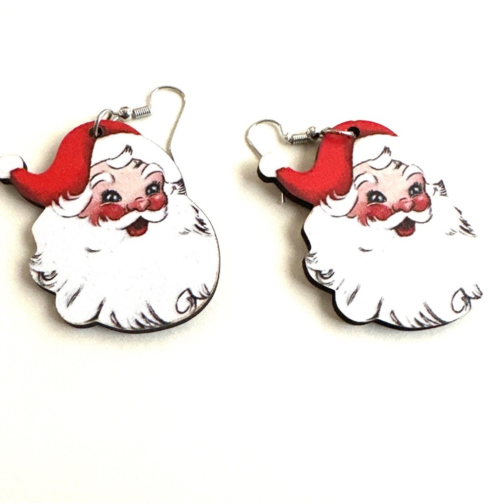 Santa Wood Earrings Christmas Holiday Dangle/ Fishhook Style NEW!